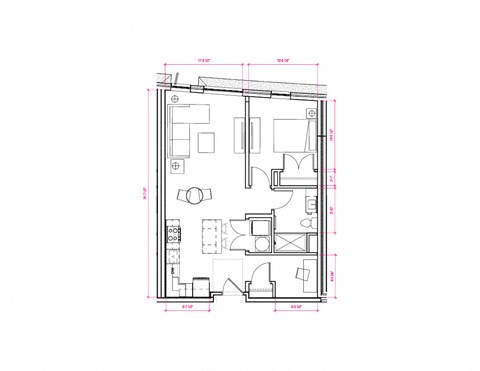 Floor plan for 1 bed, 1 bath, 766 sqft